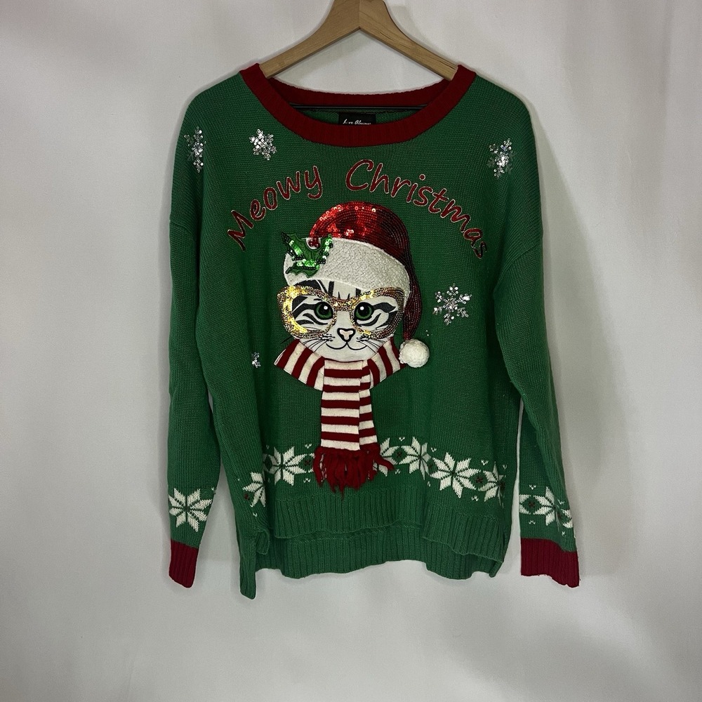 Love Always Sweater Women Size 1X Merry Christmas Ugly Sweater Cat Scarf Glasses